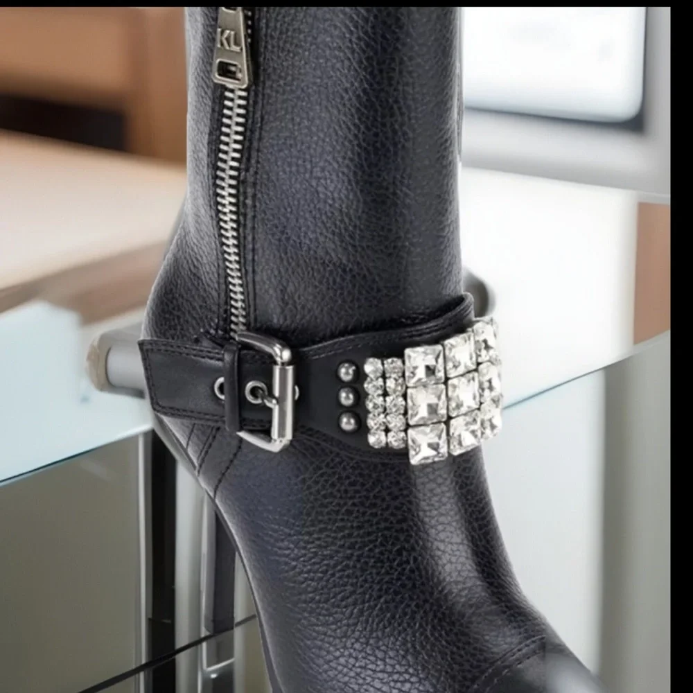 Karl Lagerfeld Mable Lug-Sole Heeled Black Boot W/Crystal & Polished Studs Strap
